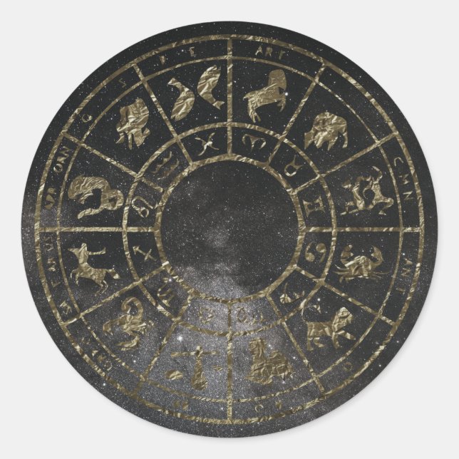 Adesivo Redondo vinhetas de ouro da astrologia zodíaca (Frente)