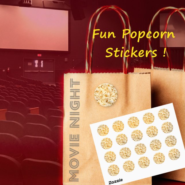 Adesivo Redondo Vinhetas de pipoca, folha (Popcorn stickers for movie night, circus party and more)