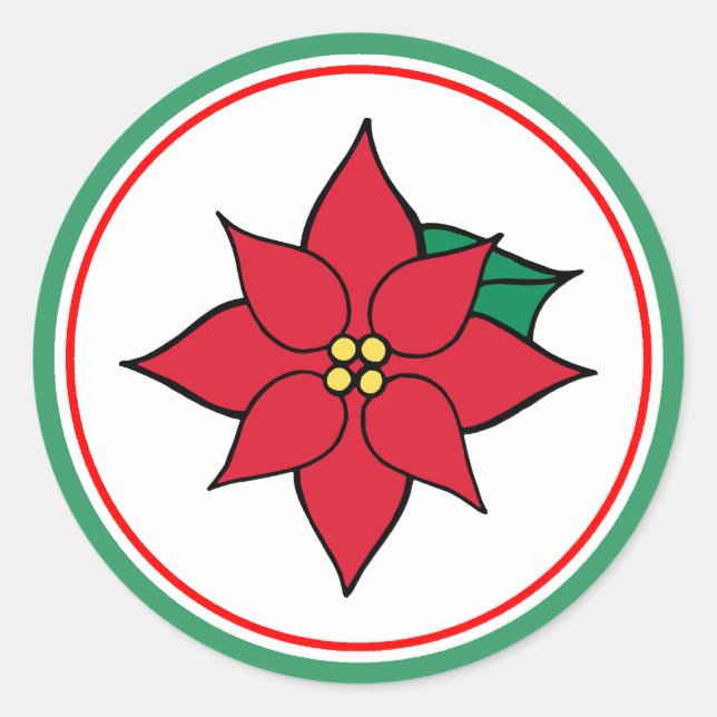 Adesivo Redondo Vinhetas de Poinsettia Festiva Vermelha Natal (Frente)