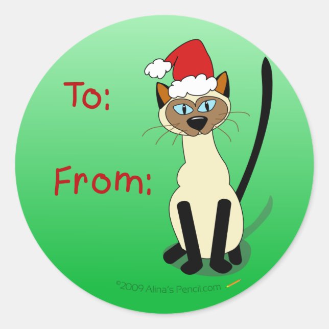 Adesivo Redondo Vinhetas de presentes de Natal de Gato Siamês (Frente)