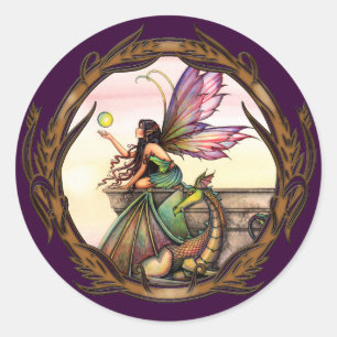 Adesivo Redondo Vinhetas de Rico de dragão e de fada de larvas