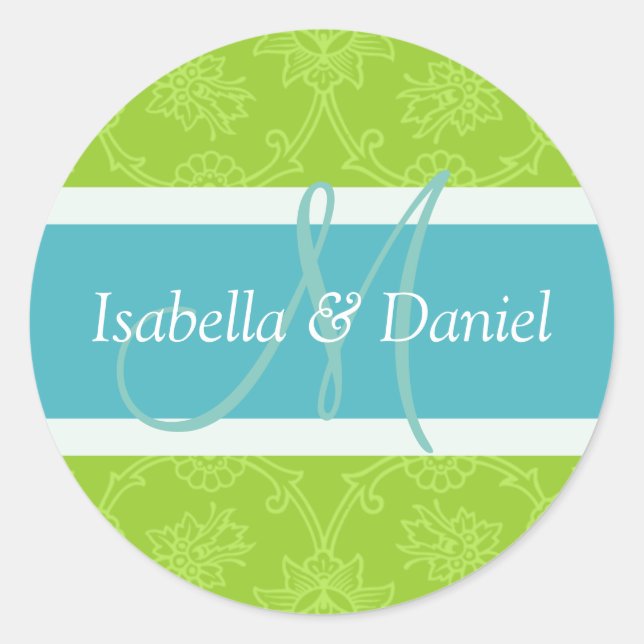 Adesivo Redondo Vinhetas De Sedos De Monograma Verde E Azul (Frente)