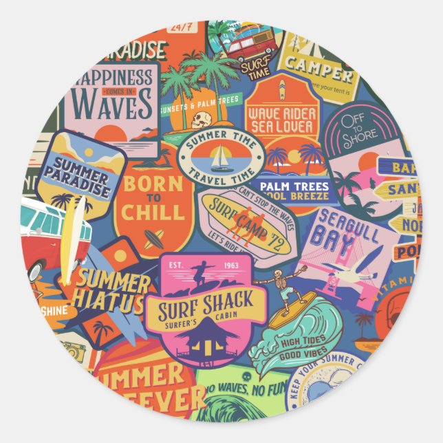 Adesivo Redondo Vinhetas de surfe (Frente)