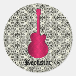 Adesivo Redondo Vinhetas de violão Rockstar Damask, Magenta