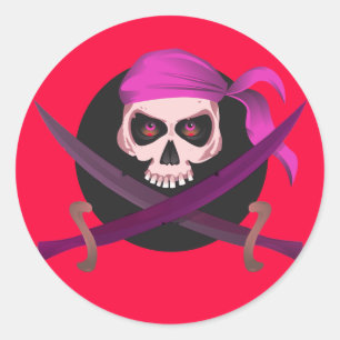 Adesivo Redondo Vinhetas do crânio de Pirata Vermelha e Roxa