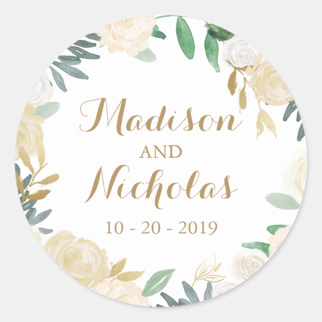 Adesivo Redondo Vinhetas Douradas de invólucro de Flores Brancas (Frente)