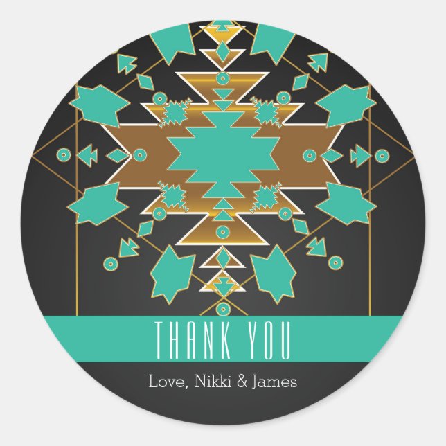 Adesivo Redondo Vinhetas Douradas Pretas de Turquesa do Sudoeste (Frente)