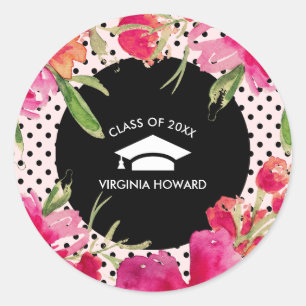 Adesivo Redondo Vinhetas-Favor de Graduação Floral Fuchsia