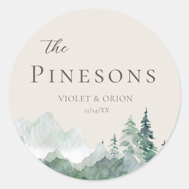 Adesivo Redondo Vinhetas-Favoráveis De Casamento De Montanha Elega (Frente)