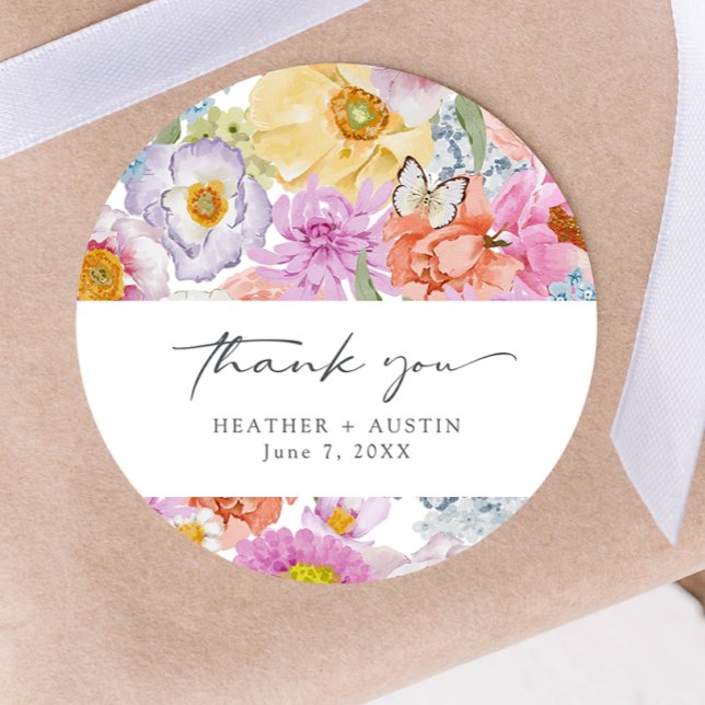 Adesivo Redondo Vinhetas Florais Brilhantes (Bold Bright Floral Round Thank You Stickers by Painted Paperie
)