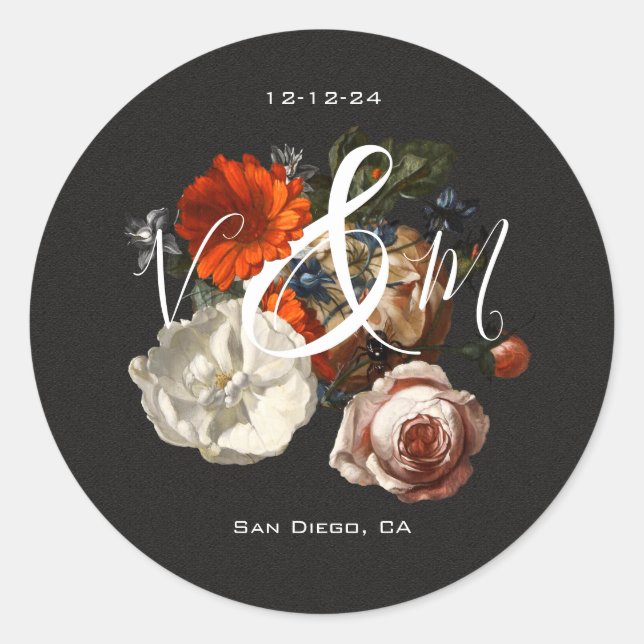 Adesivo Redondo Vinhetas florais de monograma escuro e moody (Frente)