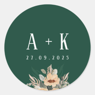 Adesivo Redondo Vinhetas, monograma verde-escura floral elegante