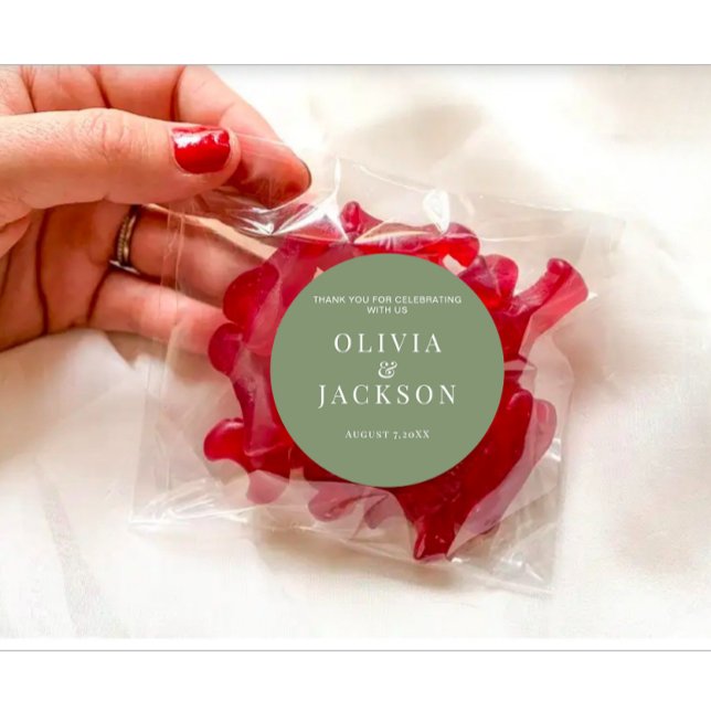 Adesivo Redondo Vinhetas Para Bolachas Doces De Casamento Verde Es (Modern personalized wedding couple name date dark green sticker)