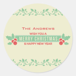 Adesivo Redondo Vinhetas Personalizadas de Natal Vermelho e Mint