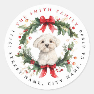 Adesivo Redondo Vinhetas redondas de cães malteses de Natal