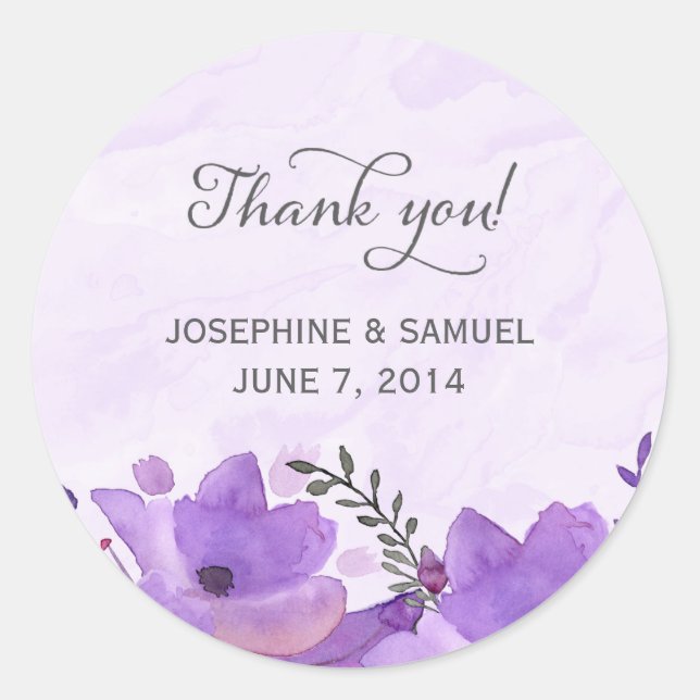 Adesivo Redondo Vinhetas redondas de flores de aquarelas roxas (Frente)