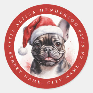 Adesivo Redondo Vinhetas redondas do Buldogue francês natalino