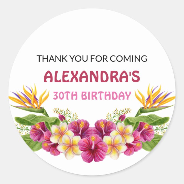 Adesivo Redondo Vinhetas Redondas do Partido Floral Tropical Rosa (Frente)
