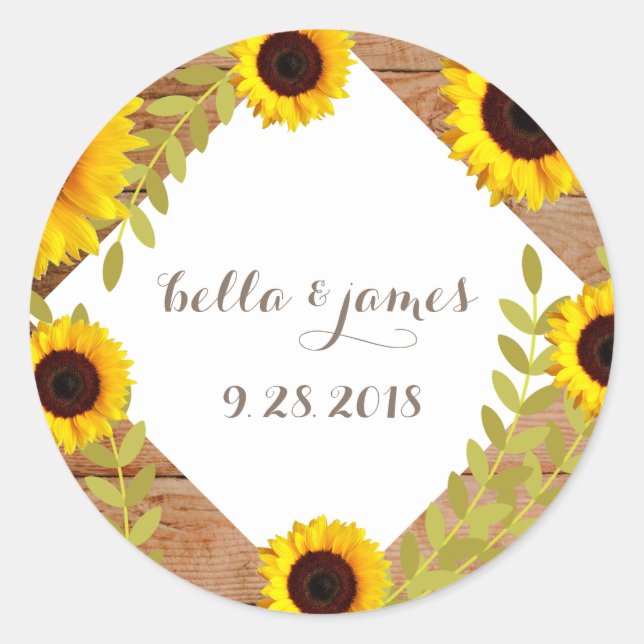 Adesivo Redondo Vinhetas Rústicas de Casamento de Girassol (Frente)