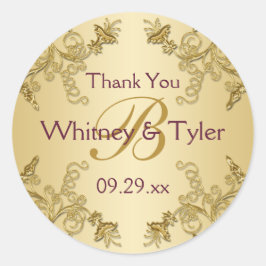 Adesivo Redondo Vinho de ameixa e Vinheta Monográfica Dourada para