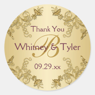 Adesivo Redondo Vinho de ameixa e Vinheta Monográfica Dourada para