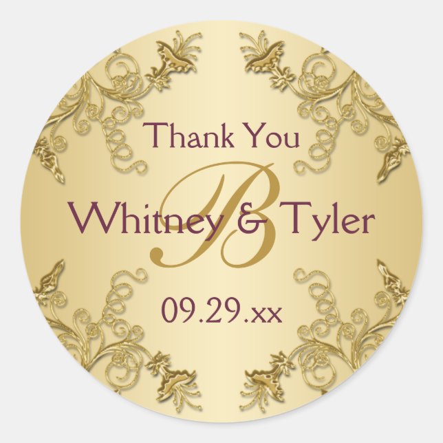 Adesivo Redondo Vinho de ameixa e Vinheta Monográfica Dourada para (Frente)