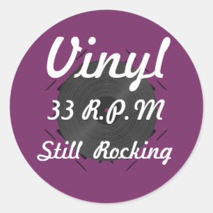 Adesivo Redondo Vinil 33 RPM ainda que balança 3 roxos/brancos