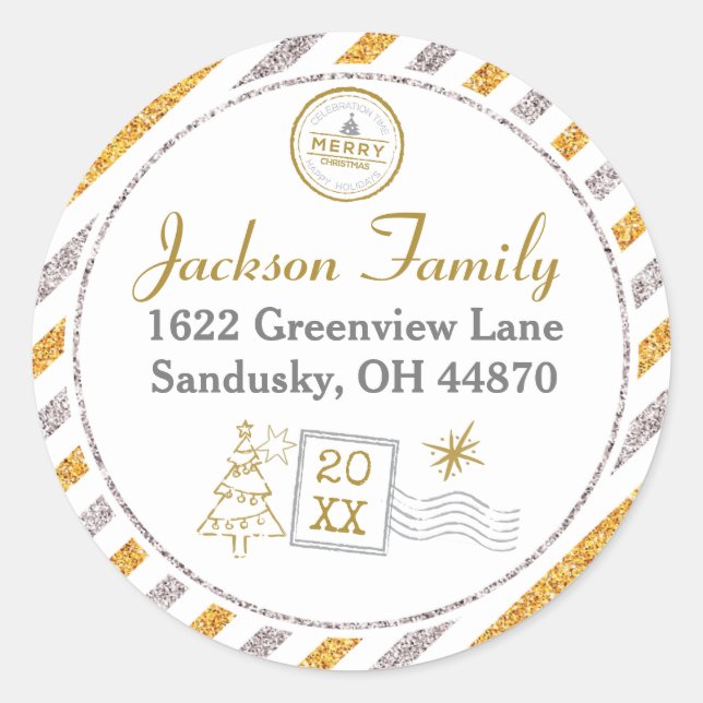 Adesivo Redondo Vintage Air Mail Dourado Glitter Address (Frente)