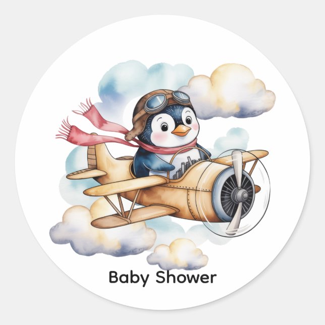 Adesivo Redondo Vintage Airplane Penguin Boy Baby Shower (Frente)
