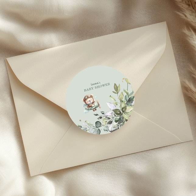 Adesivo Redondo Vintage Airplane Teddy Bear Baby Shower (Criador carregado)