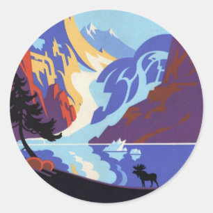 Adesivo Redondo Vintage Alaska Poster de viagens, Atlin e Yukon