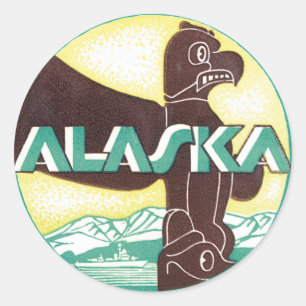 Adesivo Redondo Vintage Alaska Viagem Totem Pole Eagle Bird