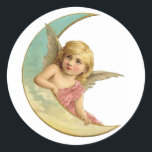 Adesivo Redondo Vintage Angel on Crescent Moon<br><div class="desc">Um design de vintage de um anjo que repousa numa lua em forma de crescente.</div>