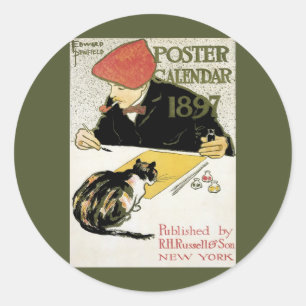 Adesivo Redondo Vintage Art Nouveau, Artista Pintura com Pet Cat
