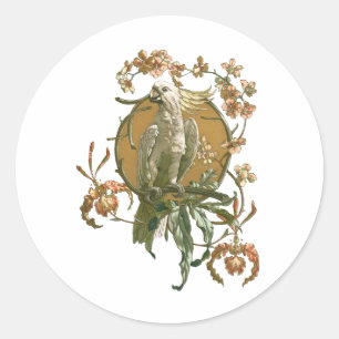Adesivo Redondo Vintage Art Nouveau, Cockatoo Bird, Orchid Flowers