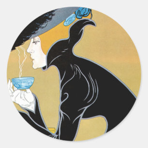 Adesivo Redondo Vintage Art Nouveau, Lady Bebendo Marco Polo Tea