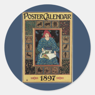 Adesivo Redondo Vintage Art Nouveau, Mulher Lendo Livro de Astrolo