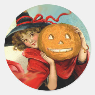Adesivo Redondo Vintage Art Witch and Pumpkin - presentes de Hallo