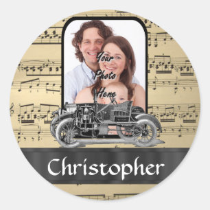 Adesivo Redondo Vintage auto e partitura musical