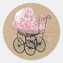 Adesivo Redondo Vintage Baby Carruagem em Faux Burlap