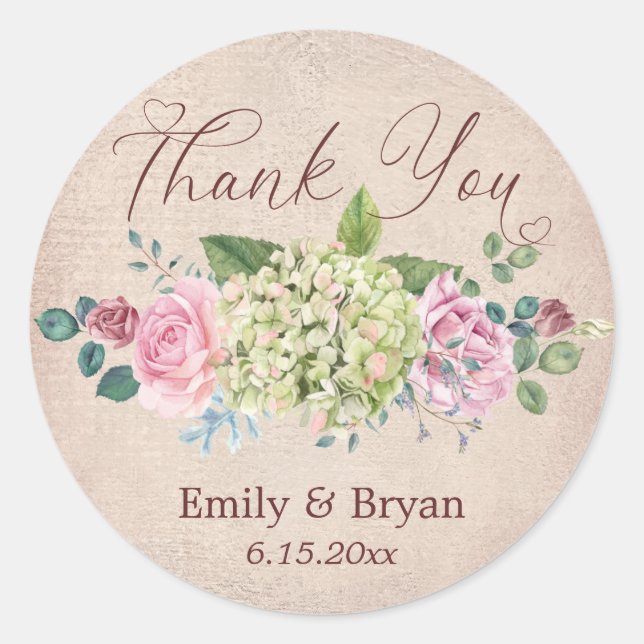 Adesivo Redondo Vintage Background Rosa Spray Casamento Obrigado (Frente)