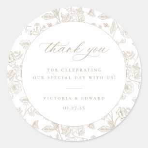 Adesivo Redondo Vintage Beige Floral Weding Obrigado