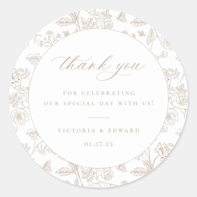 Adesivo Redondo Vintage Beige Floral Weding Obrigado (Frente)
