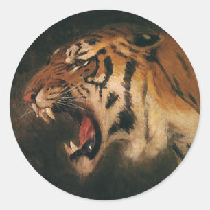 Adesivo Redondo Vintage Bengal Tiger Big Cat Roaring, Animais Selv