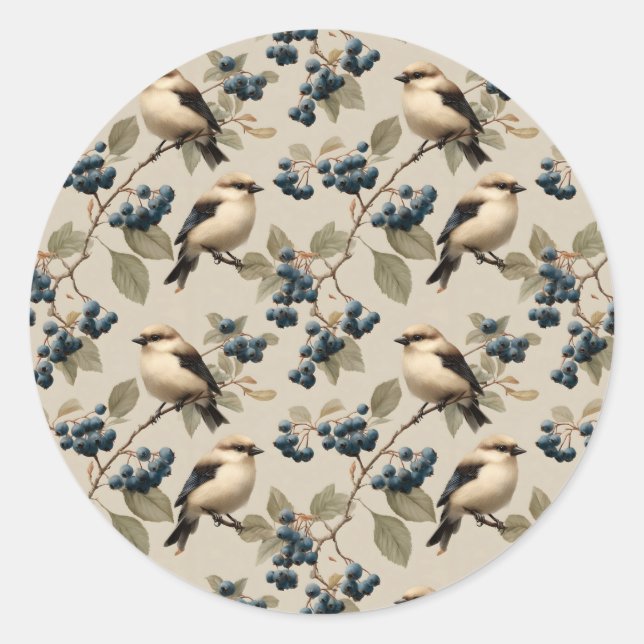 Adesivo Redondo Vintage Bird and Blueberry Seamless Pattern (Frente)