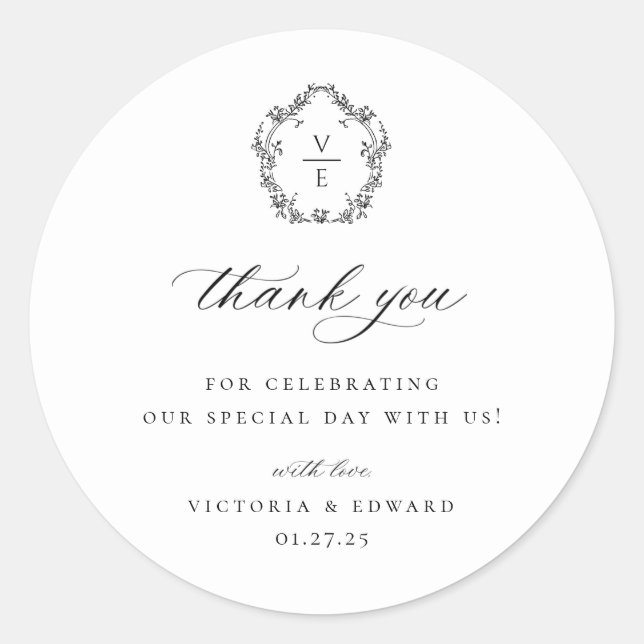 Adesivo Redondo Vintage Black Crest Monograma Casamento Obrigado (Frente)