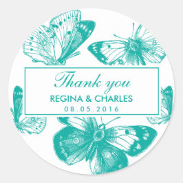 Adesivo Redondo Vintage Blue Butterfly Casamento Obrigado Sticker