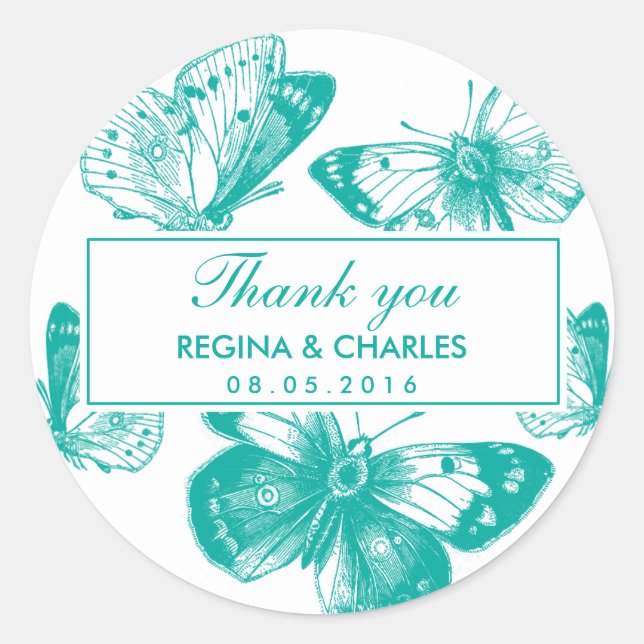 Adesivo Redondo Vintage Blue Butterfly Casamento Obrigado Sticker (Frente)