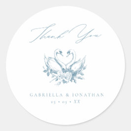 Adesivo Redondo Vintage Blue Floral Swans Script Wedding Thank You