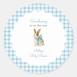 Adesivo Redondo Vintage Blue Gingham Bunny Boy Baby Shower